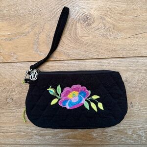 Vera Bradley Adele wristlet black quilted fabric embroidered flower design NWOT